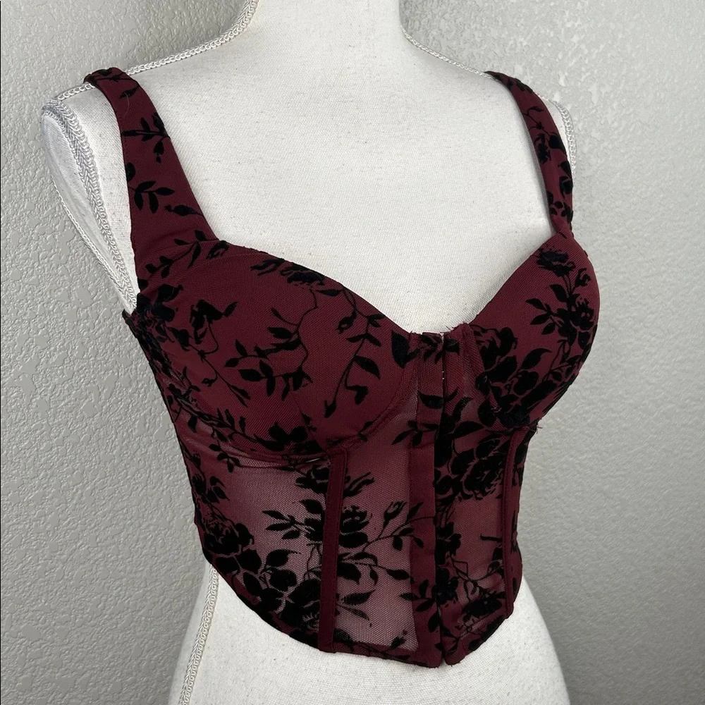 Windsor Burgundy Burnout Velvet Floral Y2K 90's Whimsigoth Goth Whimsical Corset - Picture 2 of 9